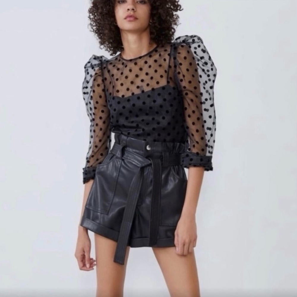 ZARA Black Polka Dot Mesh Top with Puff sleeves